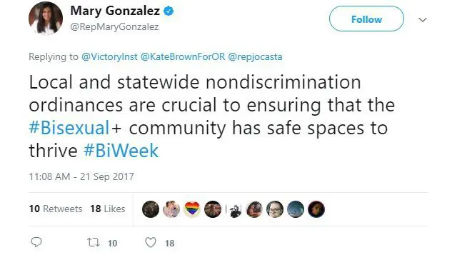 Mary Gonzalez tweet: "Local and statewide nondiscrimination ordinances are crucial to ensuring that the bisexual community has safe spaces to thrive."
