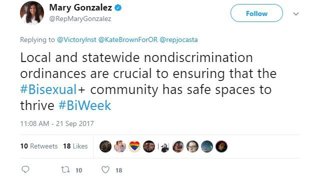 Mary Gonzalez tweet: "Local and statewide nondiscrimination ordinances are crucial to ensuring that the bisexual community has safe spaces to thrive."