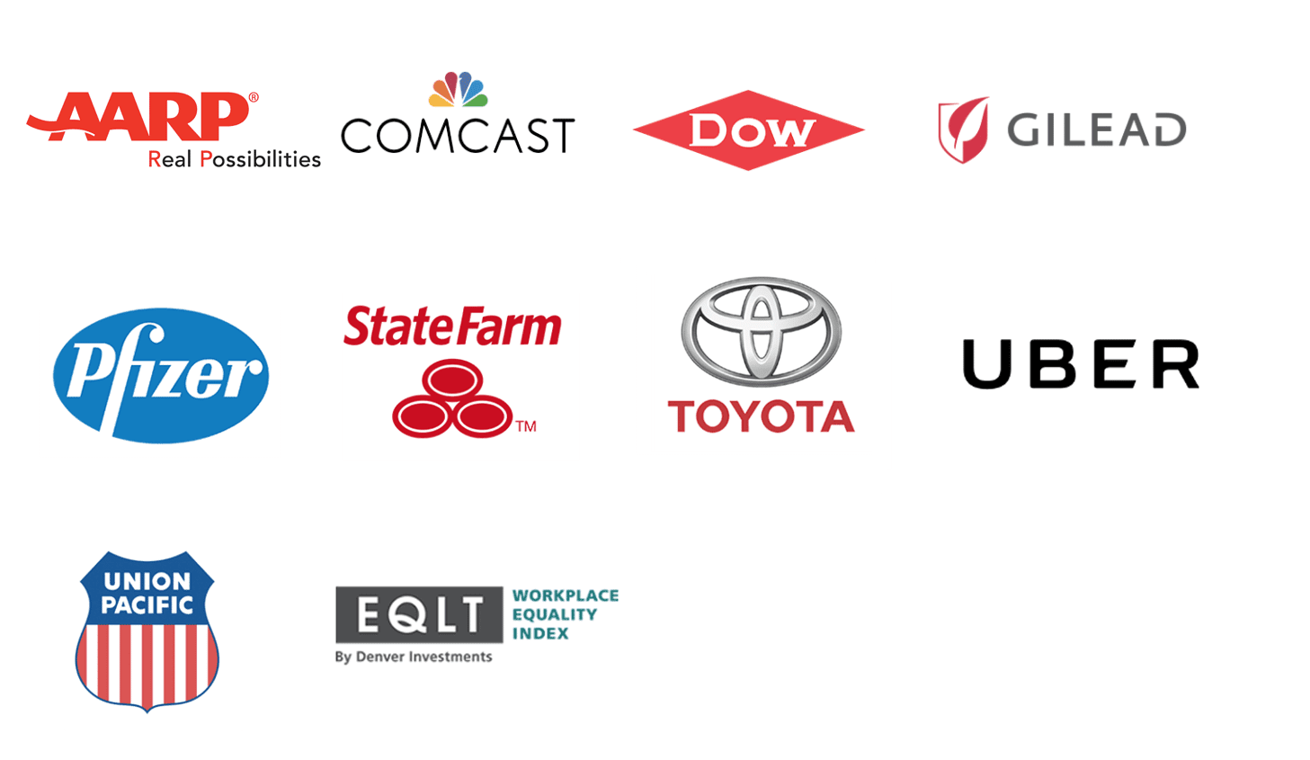 LGBTQ Conference Sponsor logos: AARP, Comcast, DOW, Gilead, Pfizer, State Farm, Toyota, Uber, Union Pacific, Workplace Equality Index
