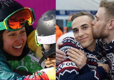 LGBTQ Winter olympians embracing each other