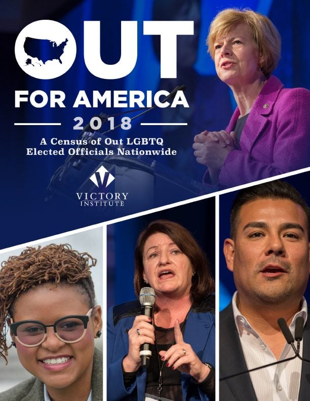 Out for America 2018 banner with Tammy Baldwin, Park Cannon, and Ricardo Lara