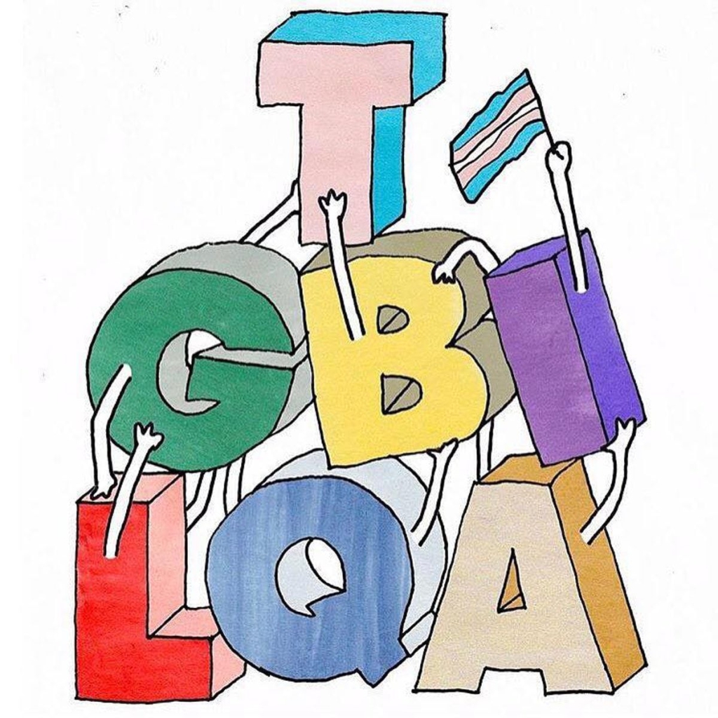 Anthropomorphized lgbtqi letters holding a trans flag