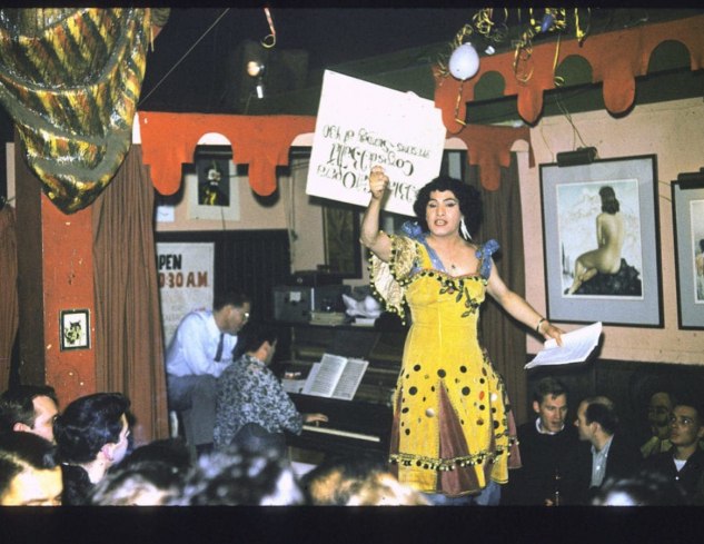 Jose Sarria performs a drag show at the Black Cat Bar. Circa early 1960s.